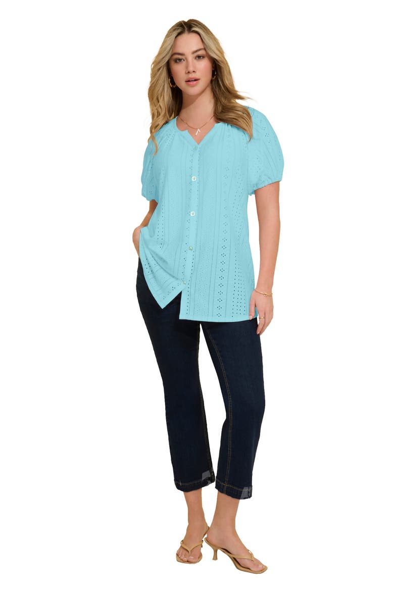 Plus Size Shirred Eyelet Button Front Blouson Tunic, Main, color, LIGHT AQUA