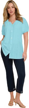 Roaman's Plus Size Shirred Eyelet Button Front Blouson Tunic