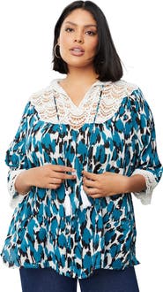 June + Vie Lace-Trim Crinkle Blouse