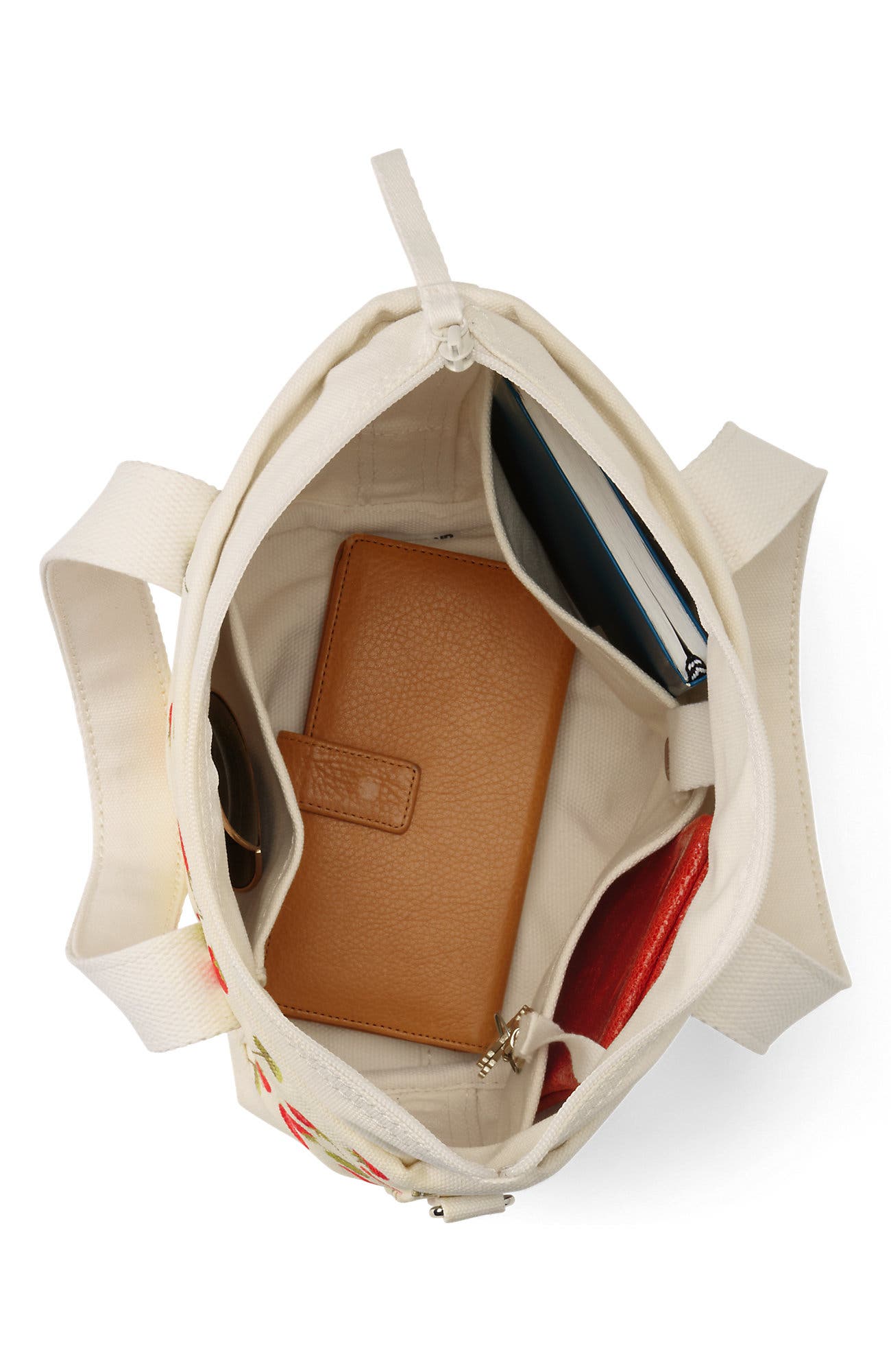 Lands' End Medium Print 5 Pocket Open Top Canvas Tote Bag, Alternate, color, Red Strawberry/Natural