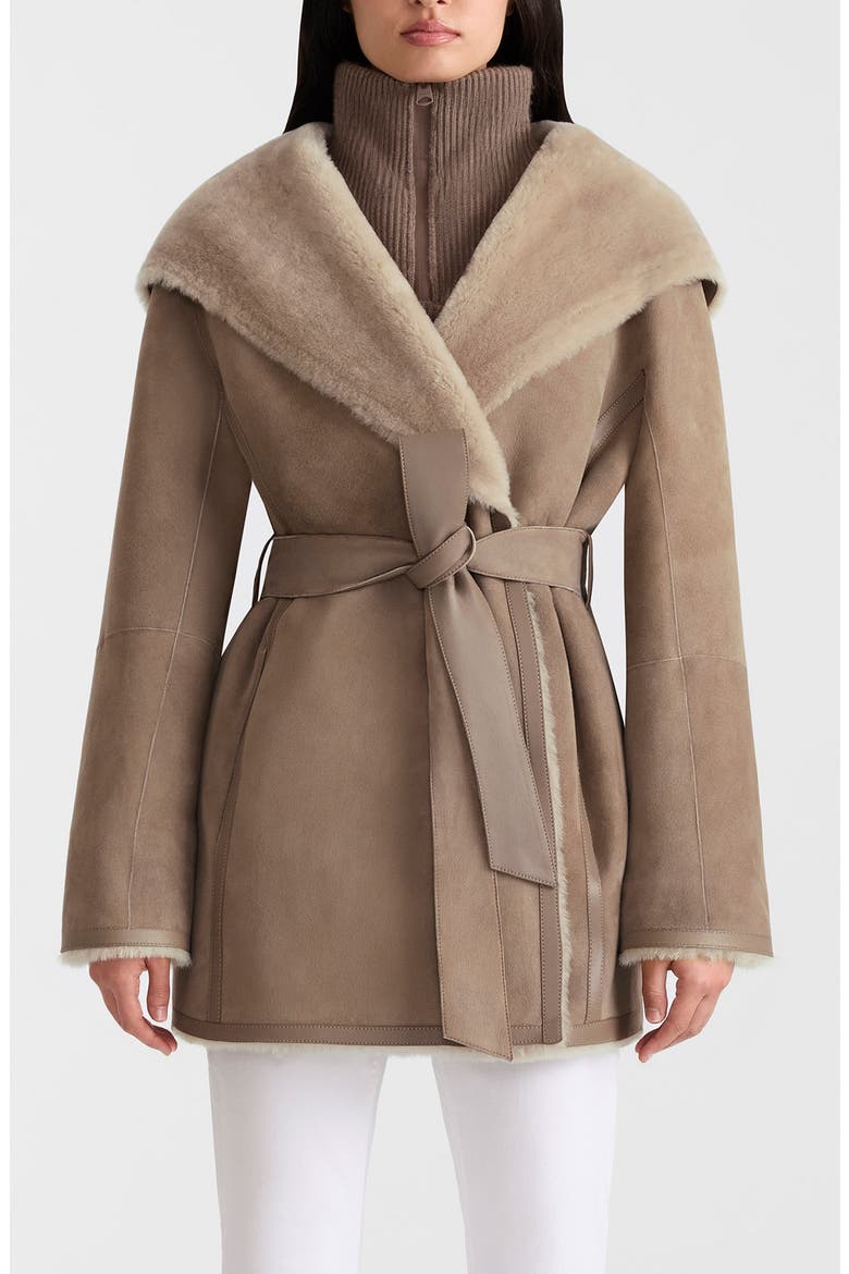 Valencia Reversible Genuine Shearling Wrap Coat, Main, color, TRUFFLE-TAUPE