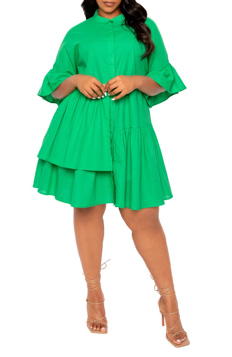 BUXOM COUTURE Flutter Sleeve Cotton & Linen Shift Dress, Alternate, color, Green