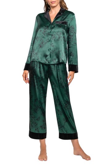In Bloom By Jonquil Velvet Trim Floral Print Satin Pajamas In Green