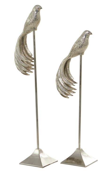 Silvertone Aluminum Eclectic Bird Sculpture - Set of 2