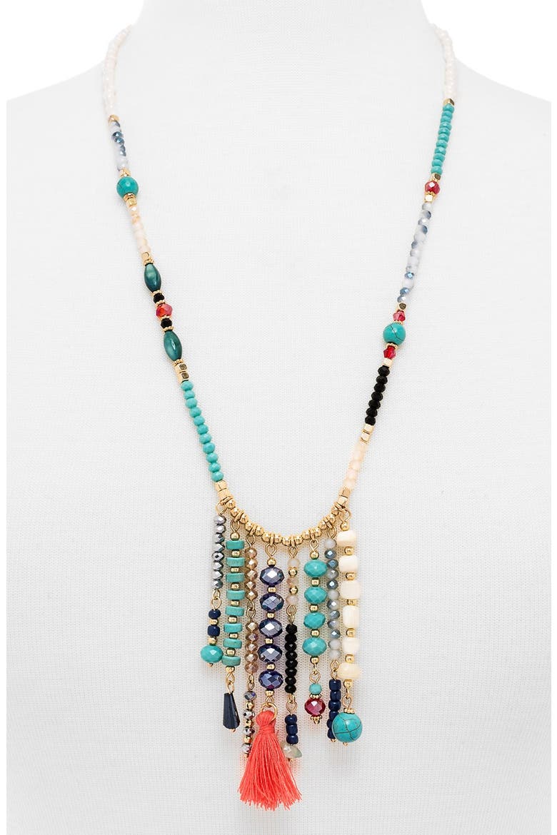 'Congo' Beaded Tassel Necklace, Main, color, TURQUOISE/ GOLD