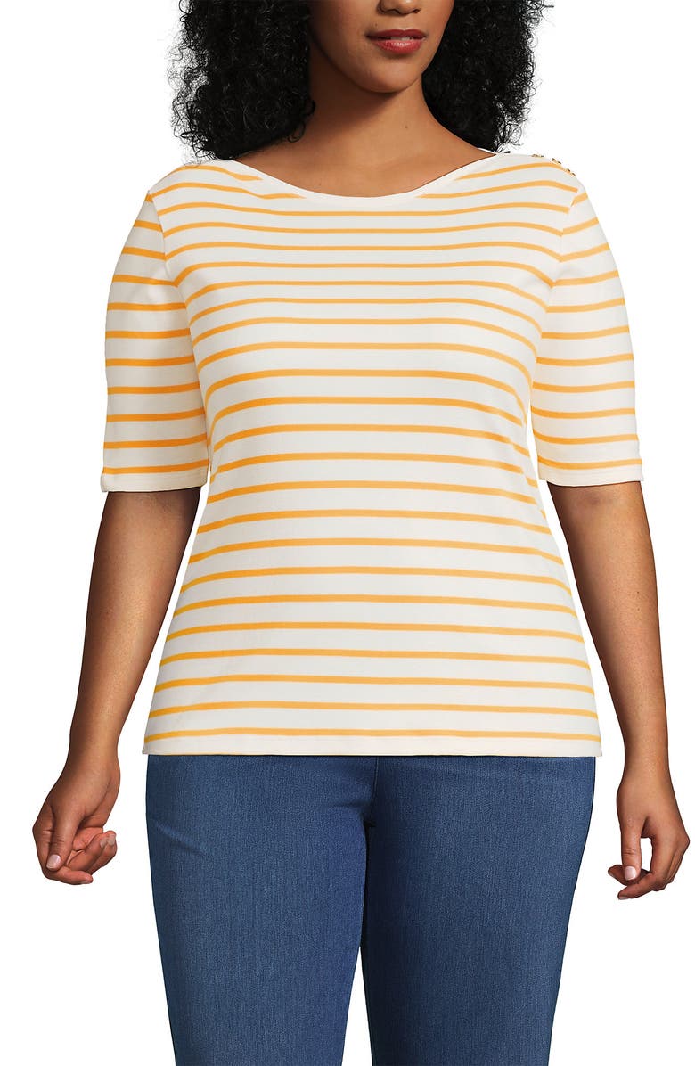 Lands' End Plus Size Supima Cotton Elbow Sleeve Boatneck Button Shoulder Tee, Main, color, White