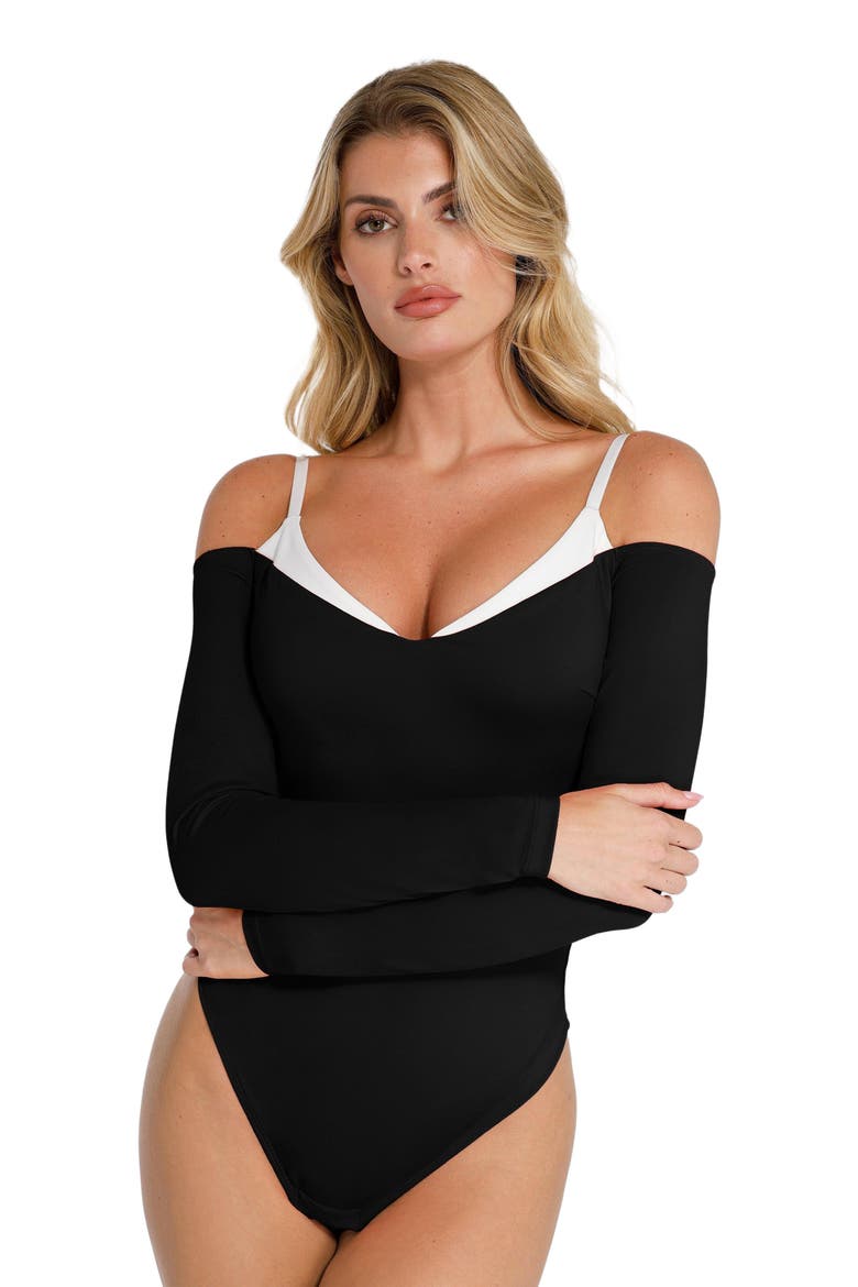 Shapewear Long Sleeve Cold Shoulder Tummy Control Bodysuit, Main, color, Standard Black