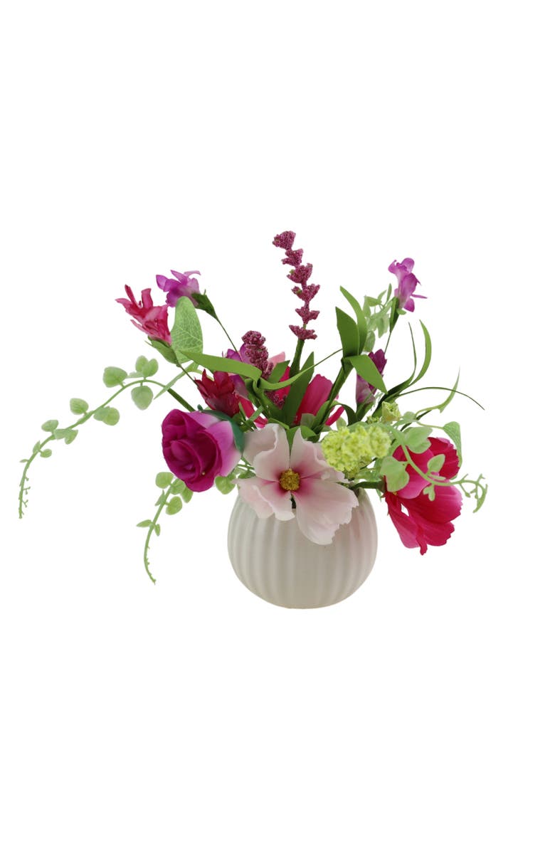 Transpac Season's Designs Artificial Flower Arrangement, 8" Pink Spring Flower Bowl, Modern, Tabletop, Living Room, Plastic, Pink Green, Indoor Decoration, Spring, Main, color, Multicolored
