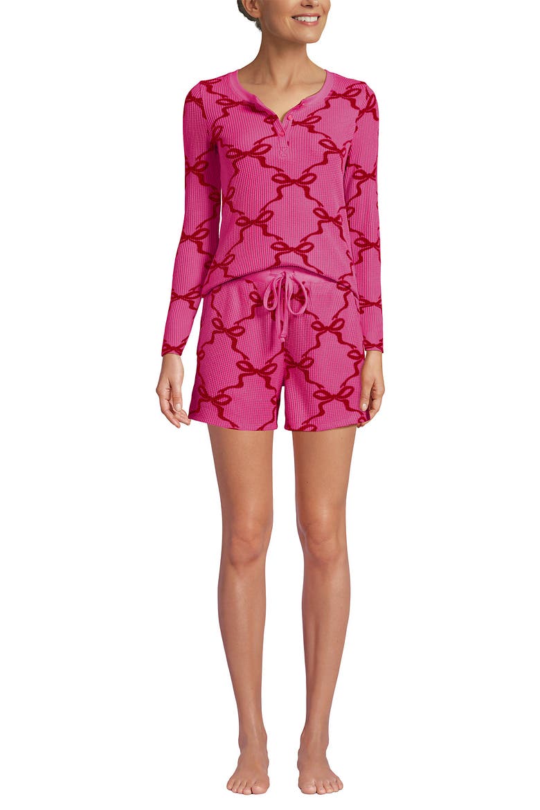 Brushed Cozy Waffle 2 Piece Pajama Set - Long Sleeve Top and Shorts, Main, color, Aurora Pink/Red Bows