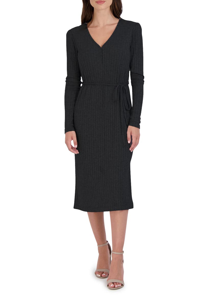 Rib Tie Waist Long Sleeve Sweater Dress, Main, color, BLACK