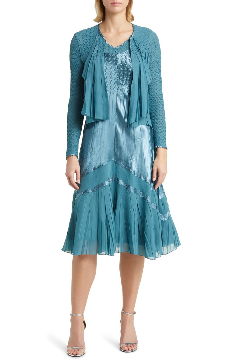 Ruffle Charmeuse & Chiffon Cocktail Dress with Jacket, Main, color, SILVER BLUE