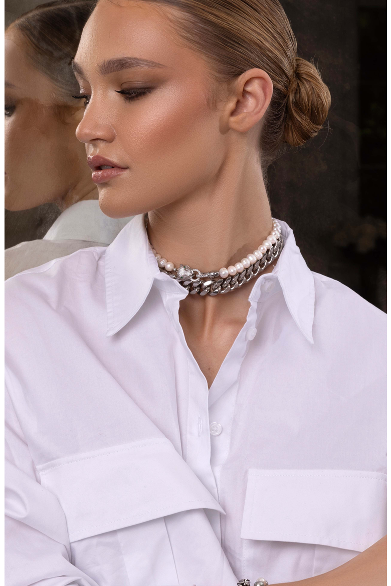 Panther Head Pearl Choker, Alternate, color, White Pearls / Silver Panther