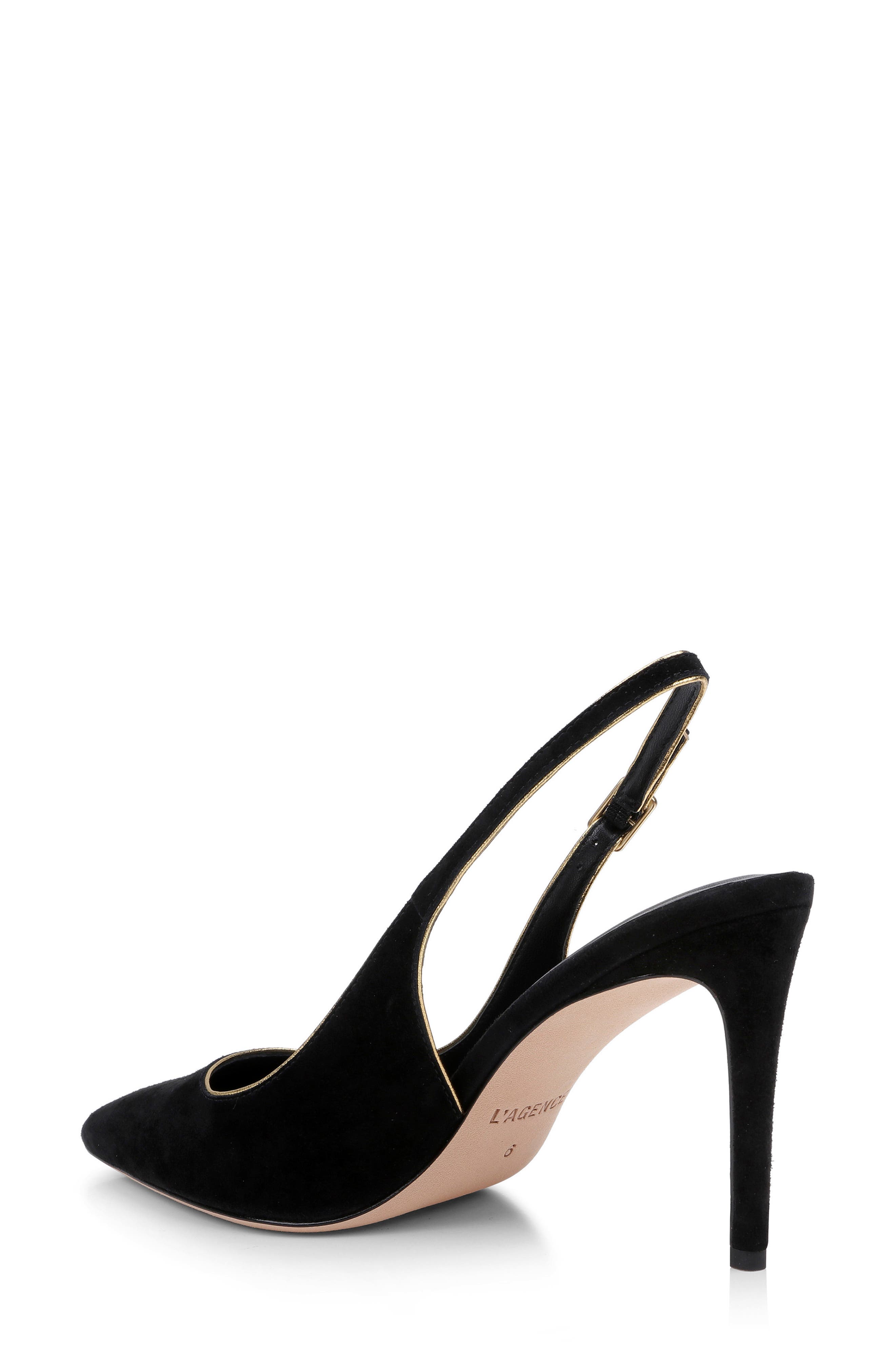 L'AGENCE Vichy II Leather Trimmed Pointed Toe Slingback Pump, Alternate, color, Black Suede