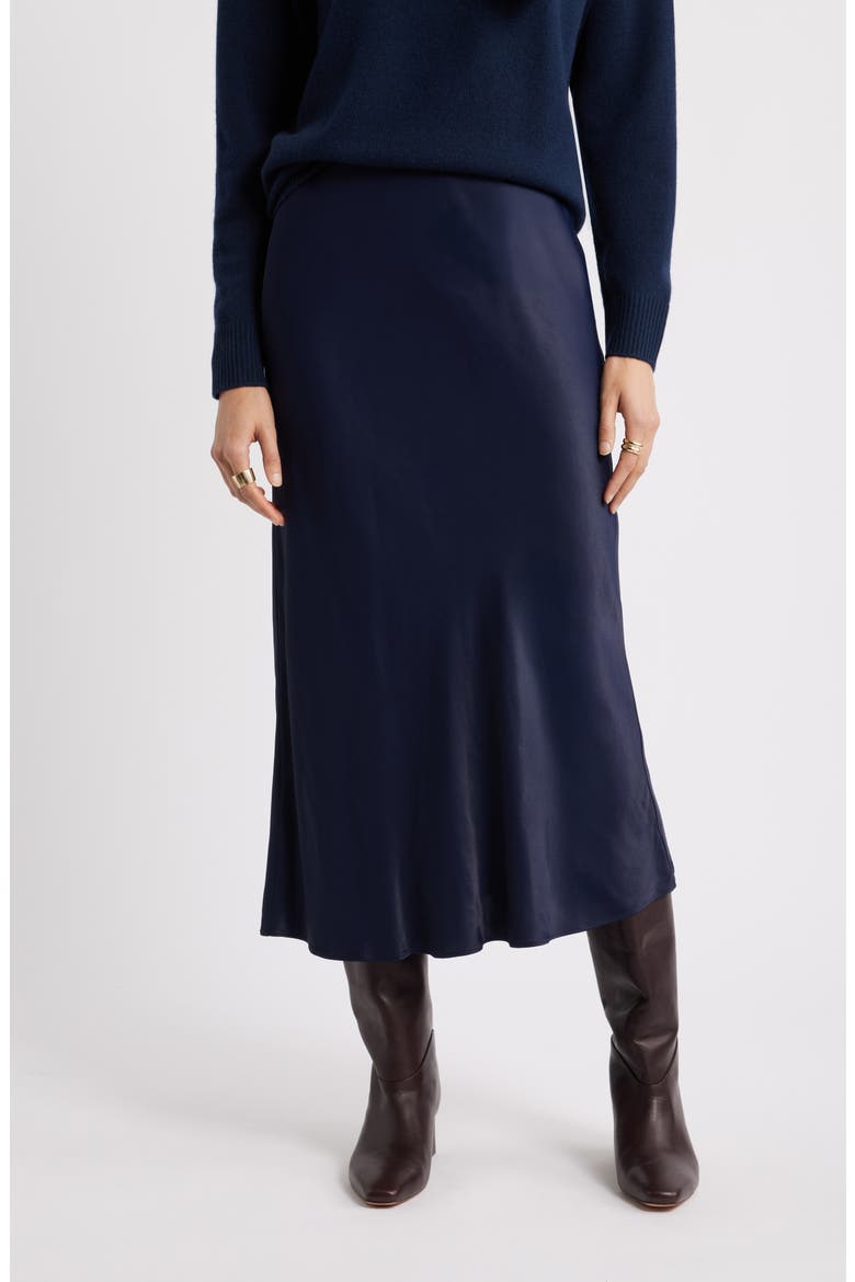 Bias Cut Satin Skirt, Main, color, NAVY NIGHT