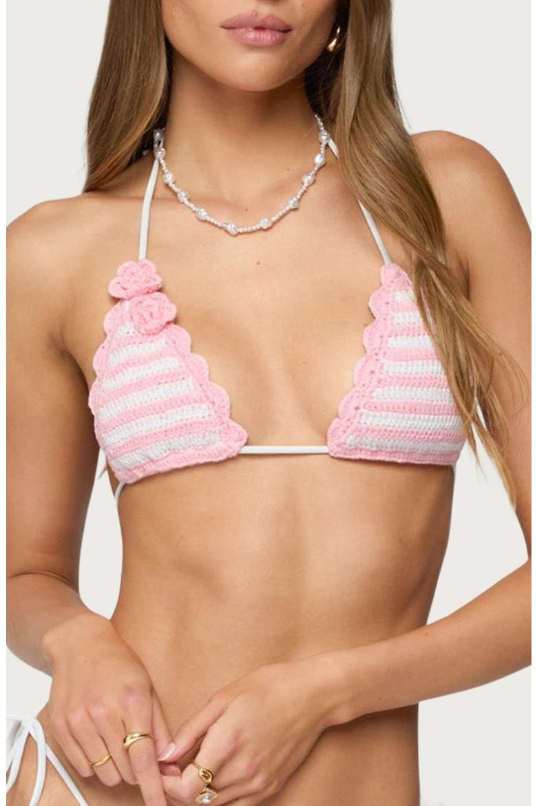 Azalea Crochet Triangle Bikini Top, Main, color, PINK-AND-WHITE