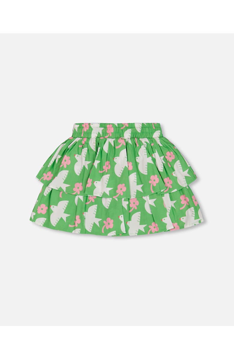 Deux par Deux Little Girl's Tiered Elastic Waist Skirt Green With White And Pink Bird, Alternate, color,