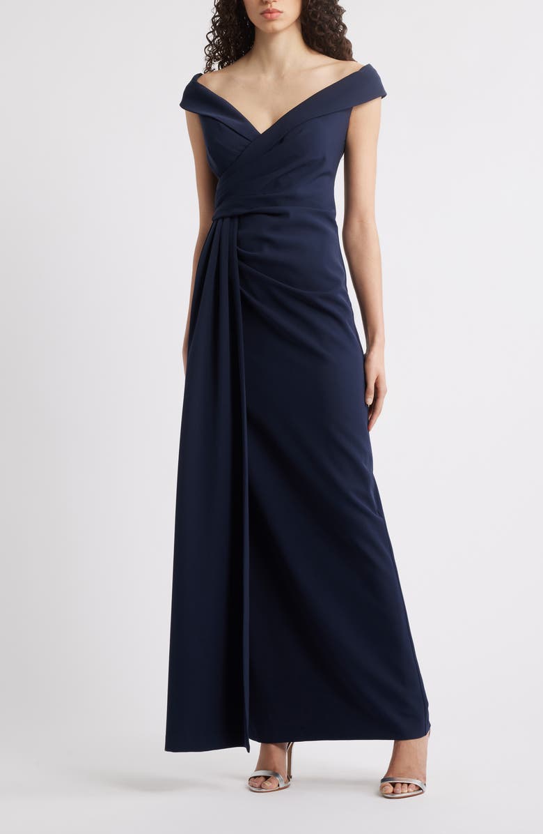 Eliza J Social Portrait Collar Laguna Crepe Gown, Main, color, Navy