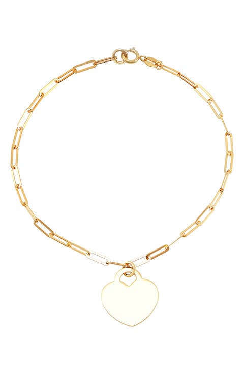 10K Gold Heart Charm Paperclip Bracelet 10K