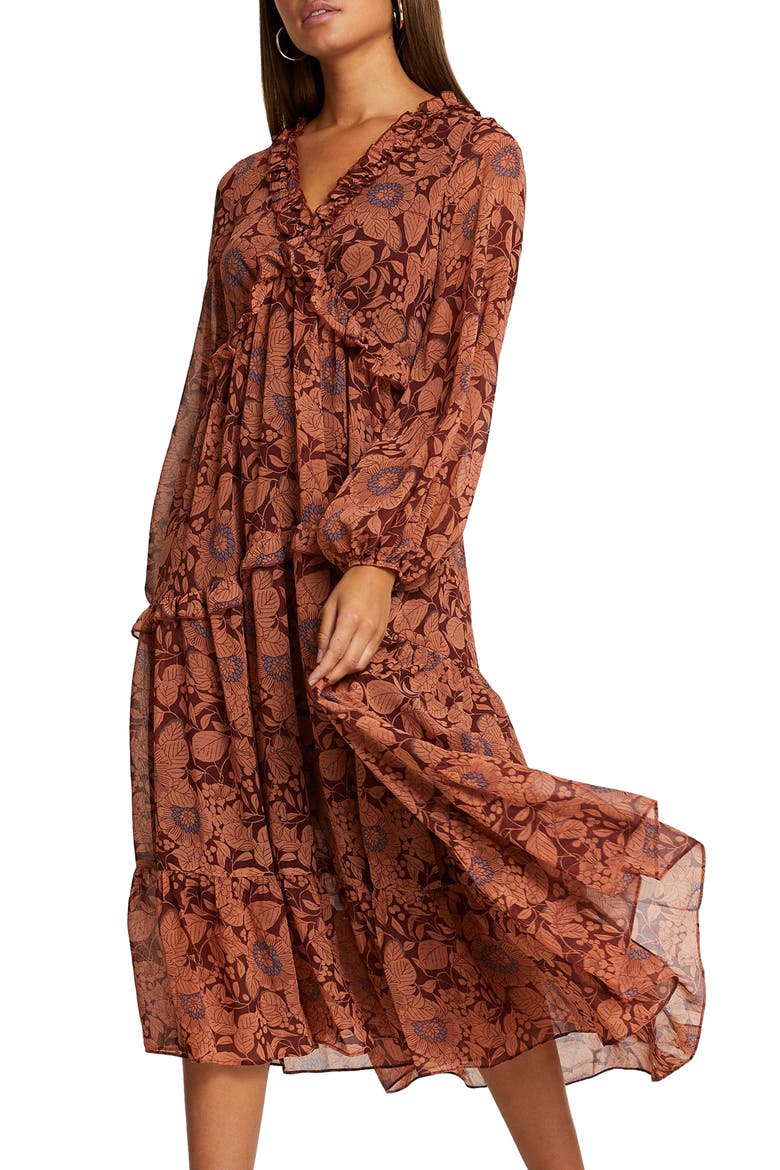 Rust Long Sleeve Midi Dress, Main, color, RUST