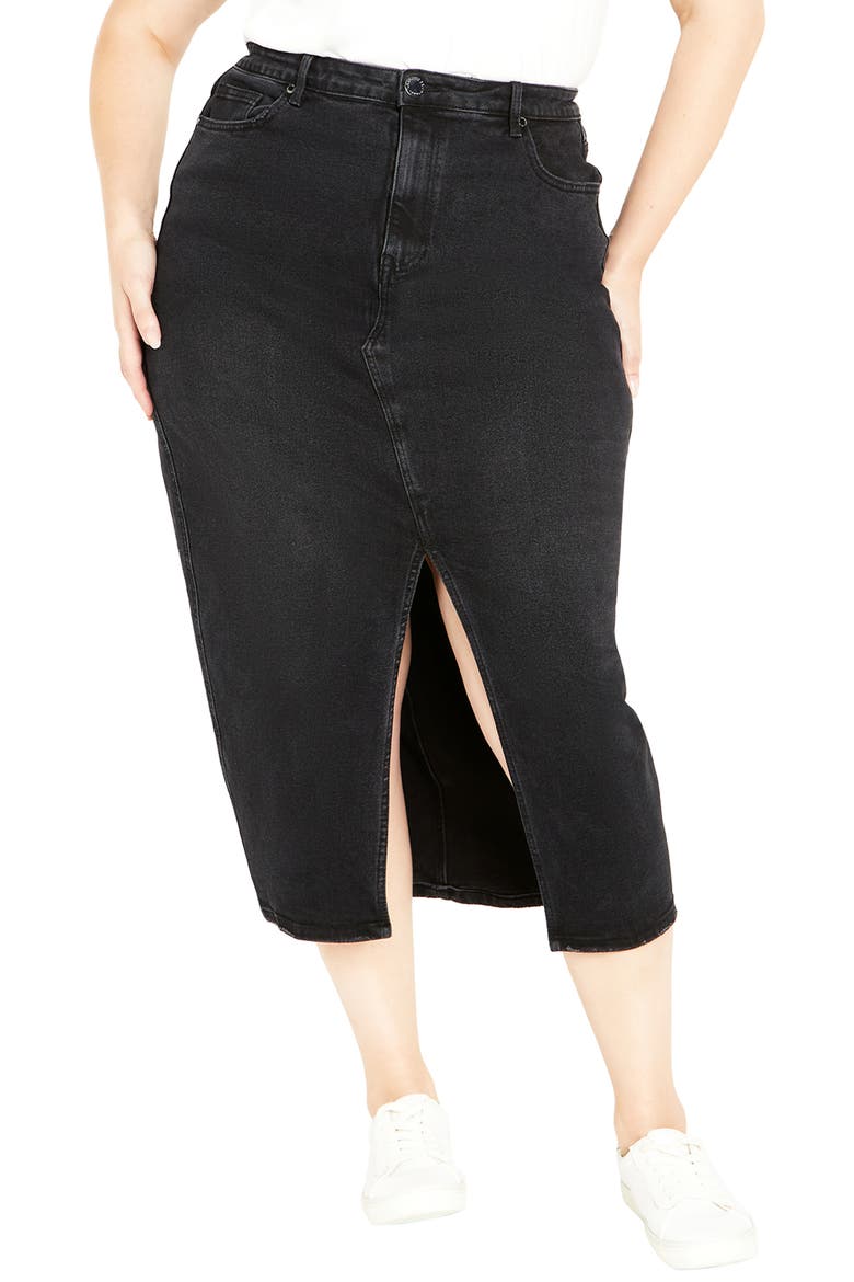 Oaklyn Front Slit Midi Denim Skirt, Main, color, BLACK WASH