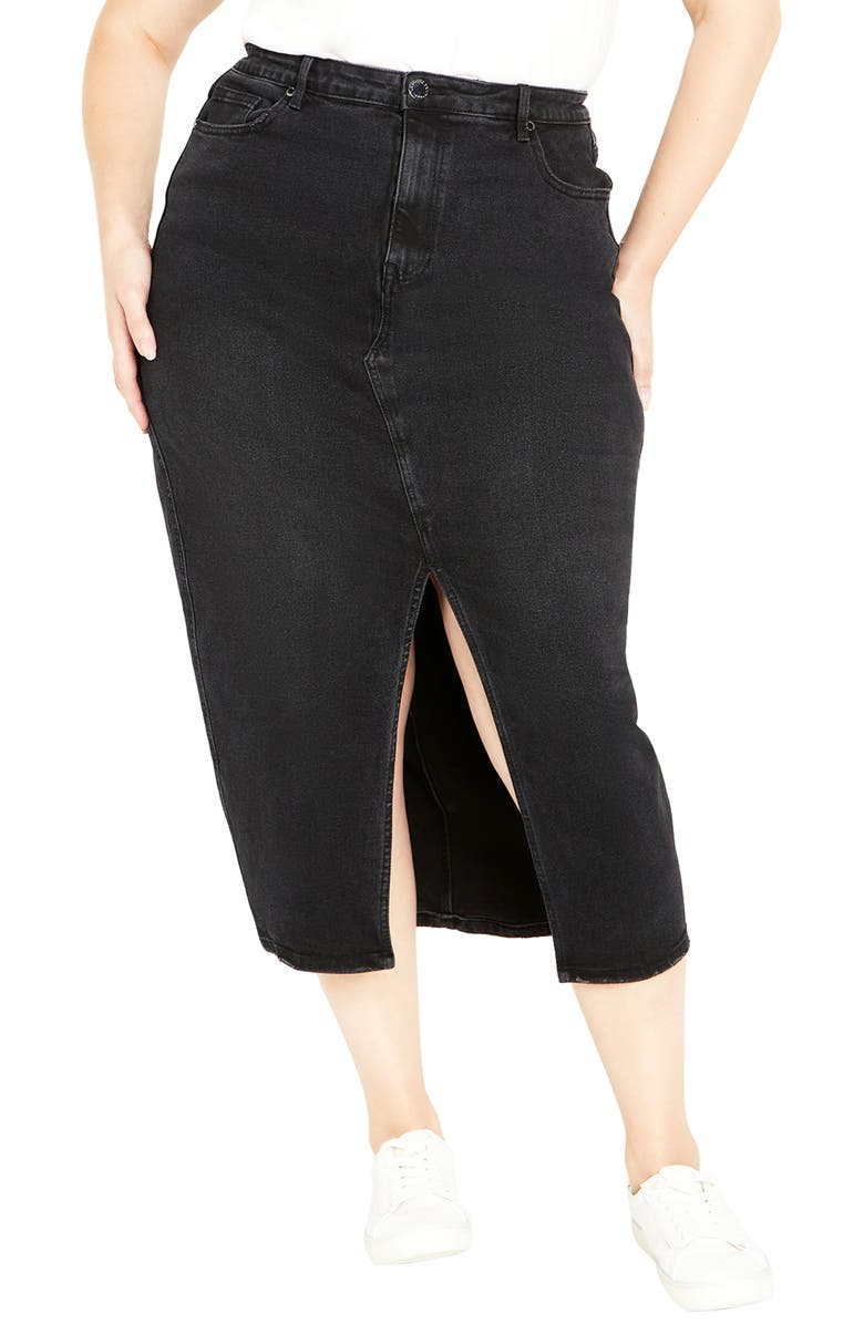 City Chic Oaklyn Front Slit Midi Denim Skirt, Main, color, 