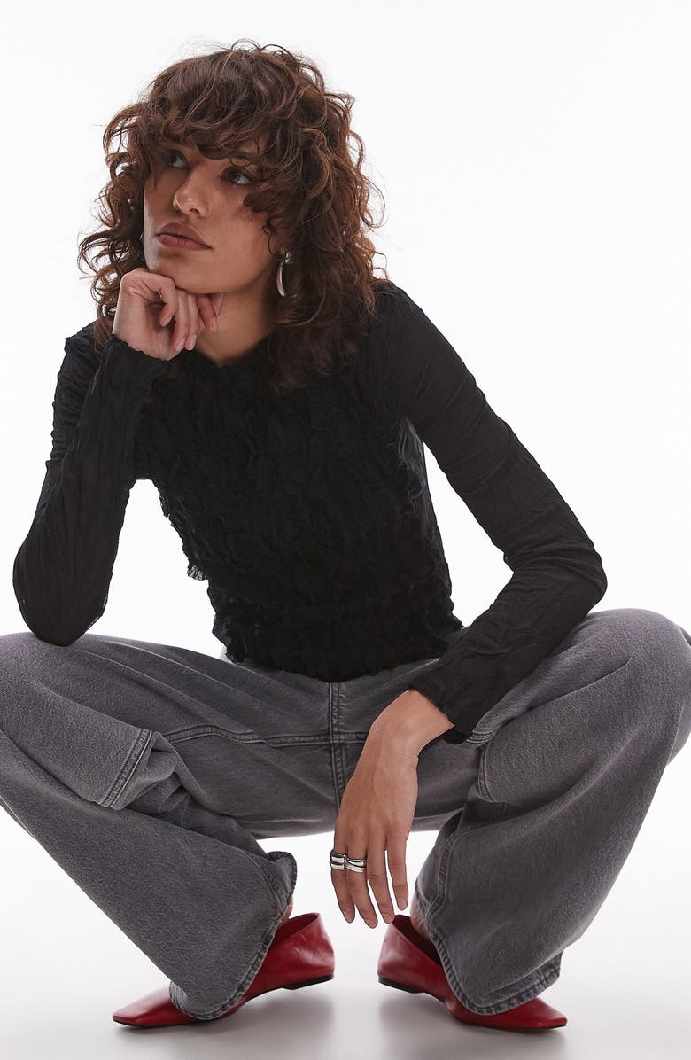 Topshop Ruffle Trim Long Sleeve Semisheer Top, Main, color, 