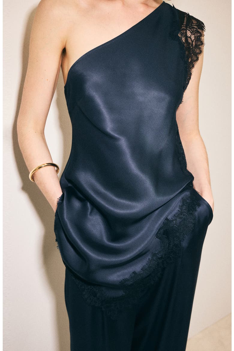 Lace One-Shoulder Satin Top, Alternate, color, BLUE