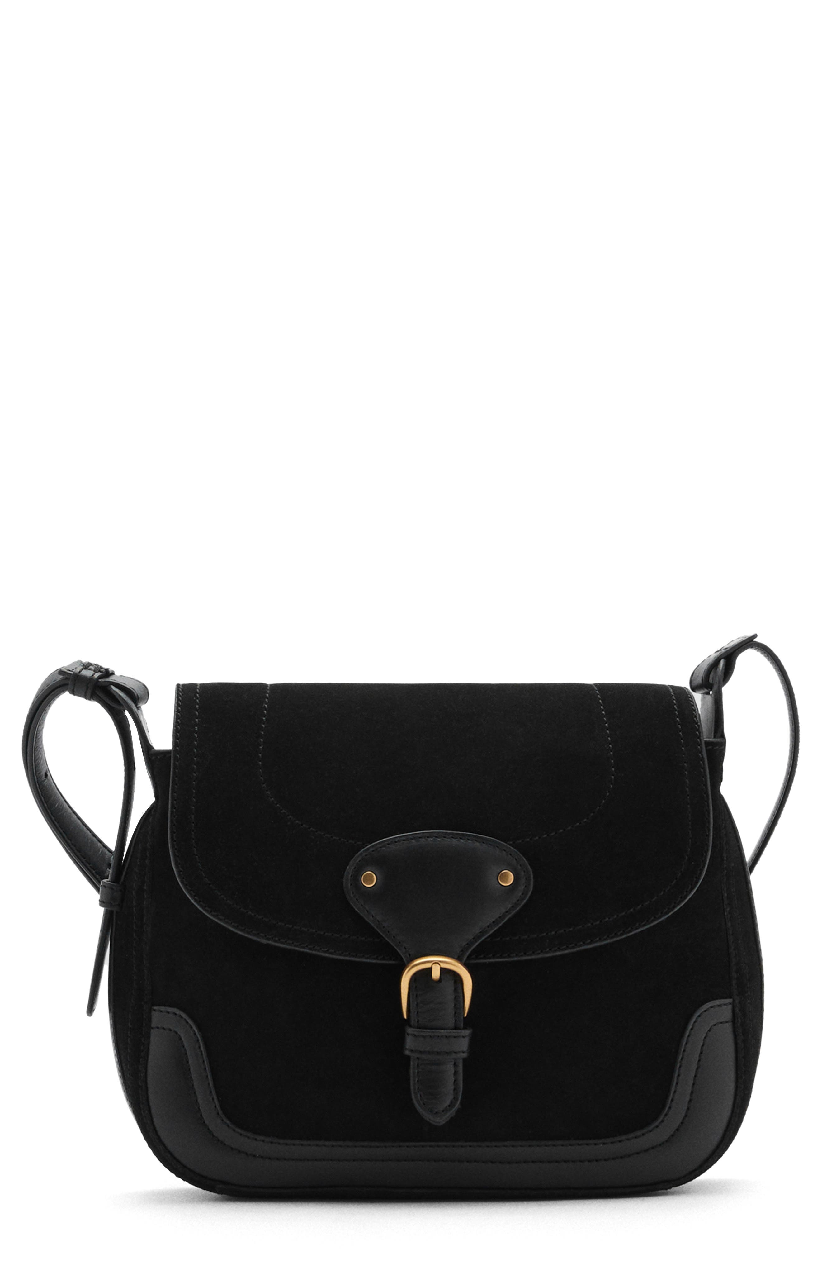 MANGO Buckle Strap Suede & Leather Shoulder Bag, Main, color, 