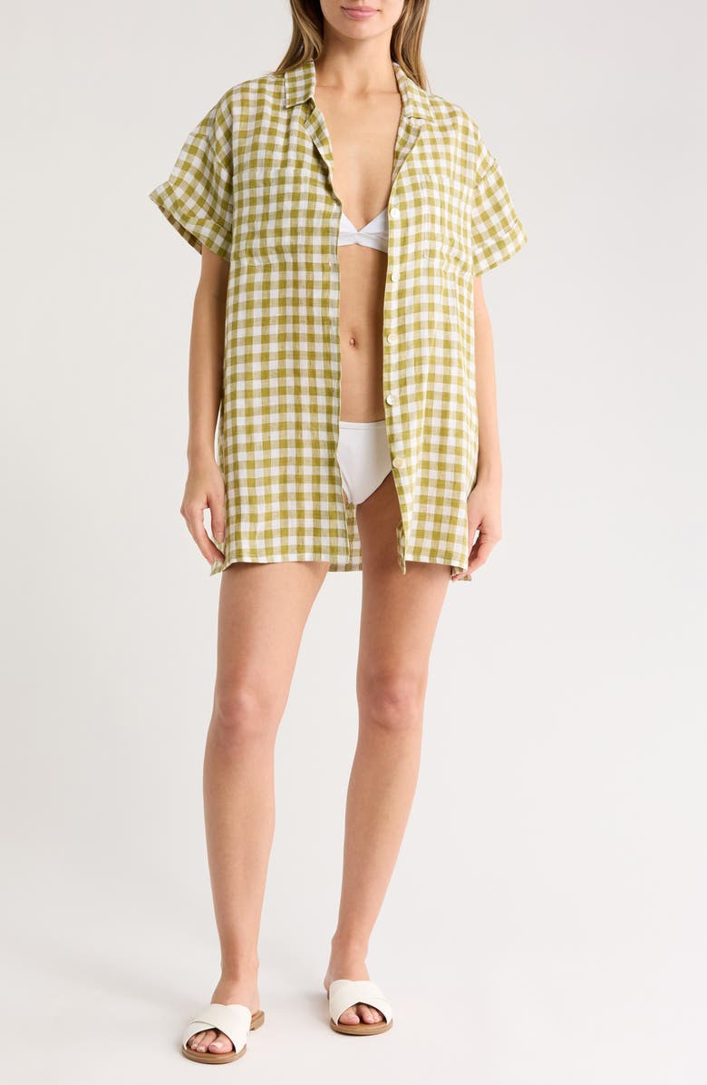 Vitamin A<sup>®</sup> Playa Pocket Linen Cover-Up Button-Up Shirt, Main, color, Avocado Gingham