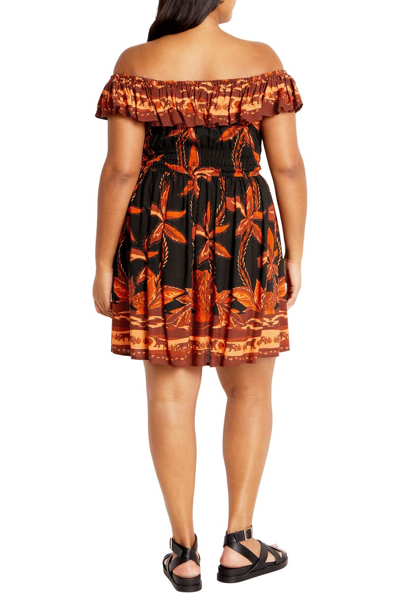 Tahitian Border Print Off the Shoulder Dress, Alternate, color, BLACK TAHITIAN