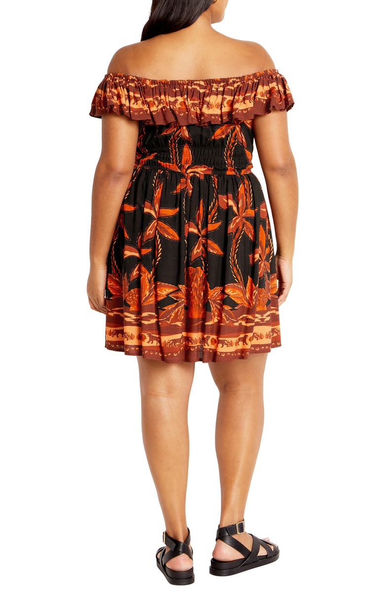 City Chic Tahitian Border Print Off the Shoulder Dress, Alternate, color, Black Tahitian