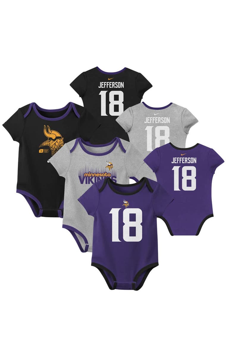 Nike Newborn & Infant Nike Justin Jefferson Minnesota Vikings Name & Number 3-Pack Bodysuit Set, Main, color, Purple