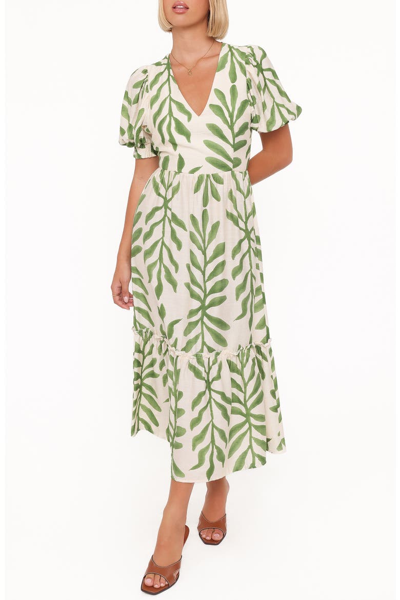 Steele Puff Sleeve Tiered Midi Dress, Main, color, GREEN PALM