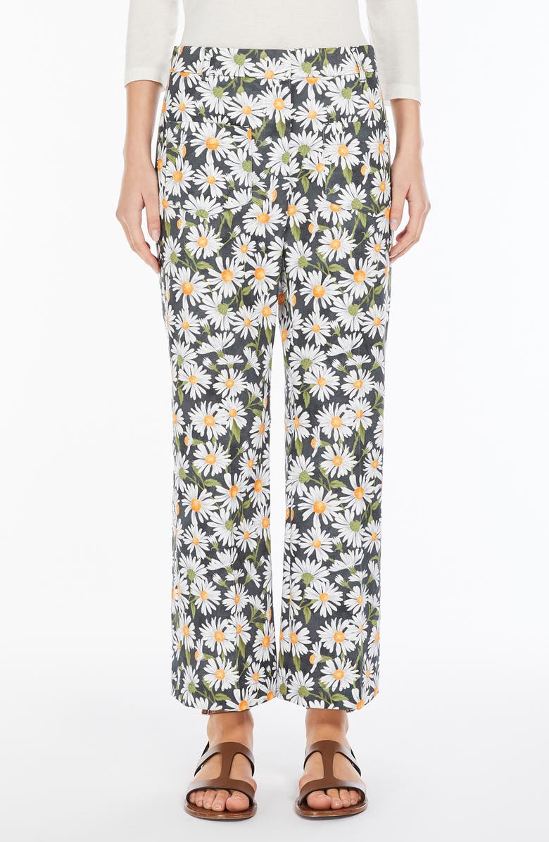 Weekend Max Mara Daisy Print Stretch Cotton Pants, Main, color, Black