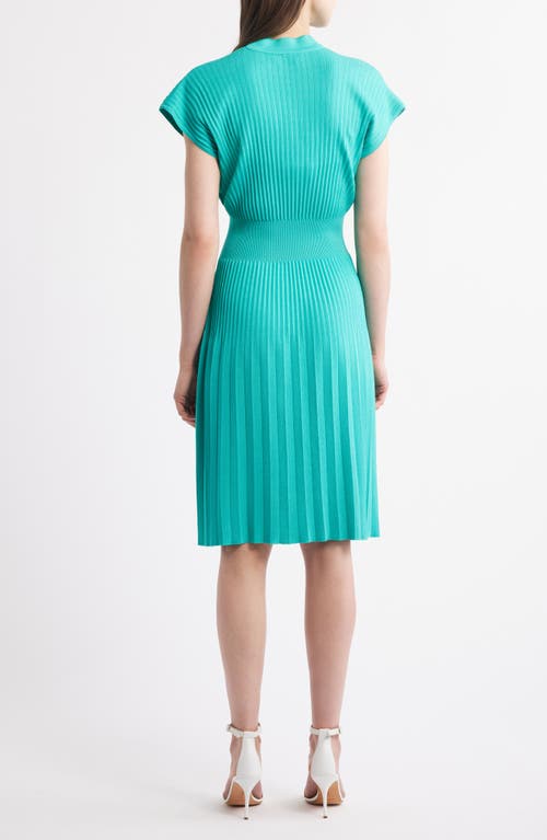 Shop Ming Wang X Tanya Foster Pleated Rib Fit & Flare Dress In Emerald Awe