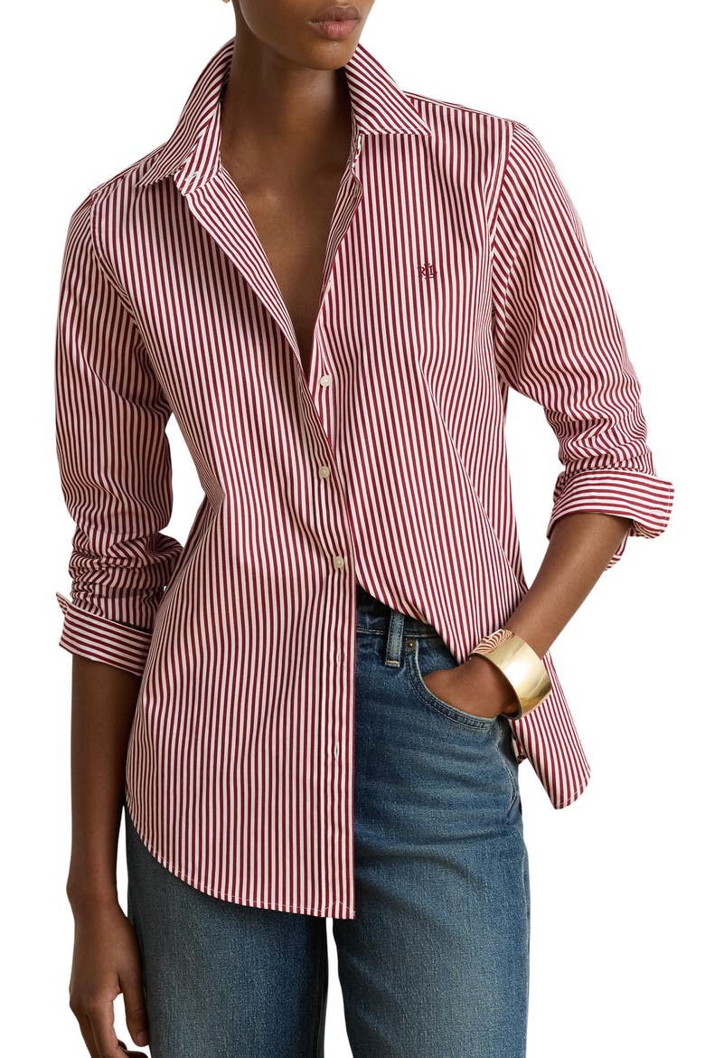 Stripe Cotton Button-Up Shirt, Main, color, RED/ WHITE