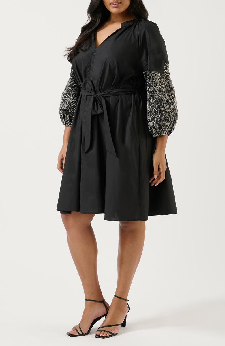 Estelle Cala Embroidered Sleeve Tie Waist Dress, Alternate, color, Black