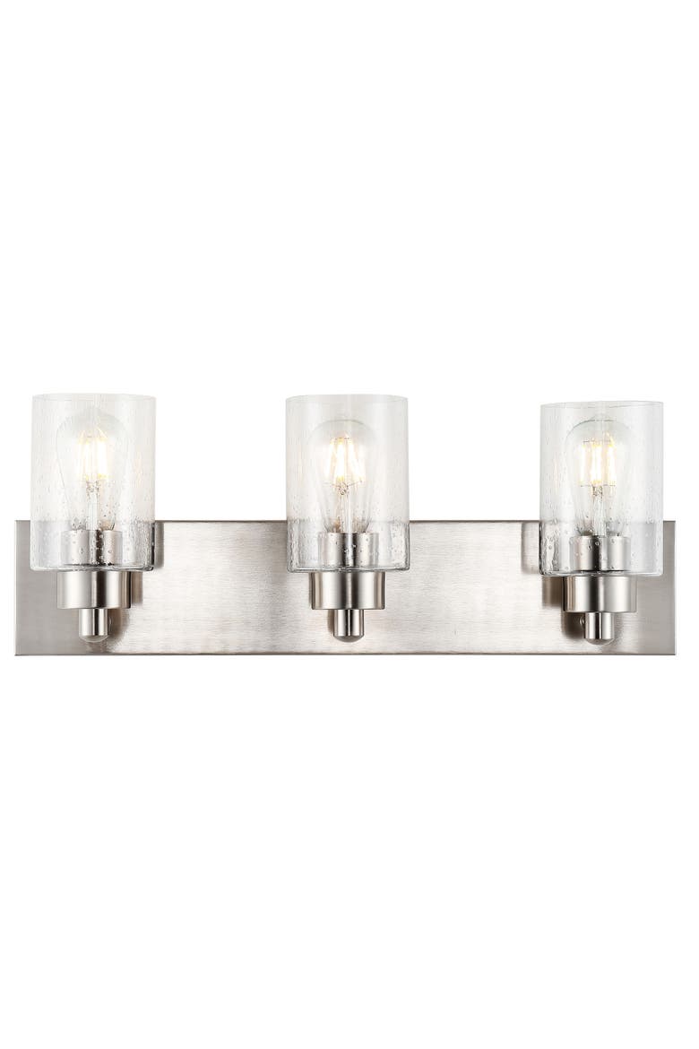 Irving 3-Light Seeded Glass/Iron Modern Contemporary LED Vanity Light, Main, color, Nickel with clear shade