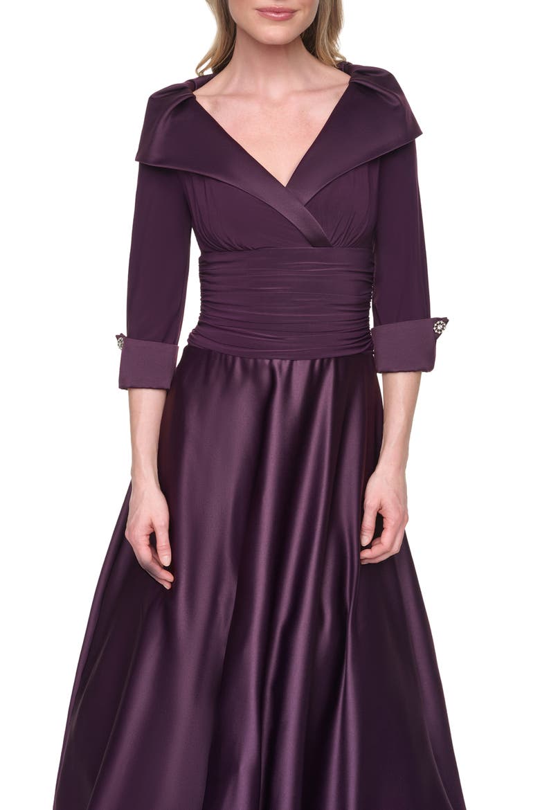 Portrait Collar Mixed Media Ballgown, Alternate, color, EGGPLANT