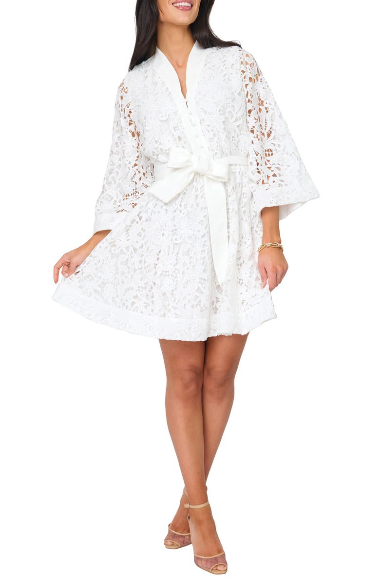 GIBSONLOOK Lovely In Lace Tie Belt Dress, Main, color, White Lace