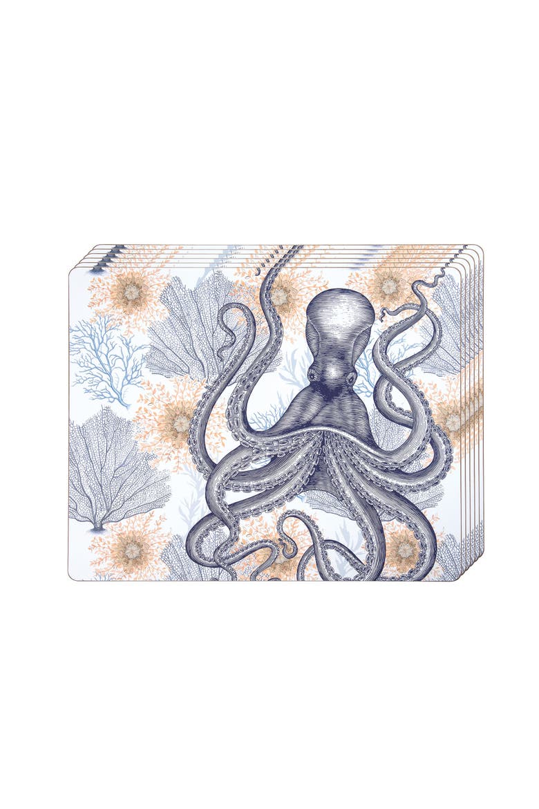 Ochre Octopus Hardboard Placemats, Set of 6, Alternate, color, Blue