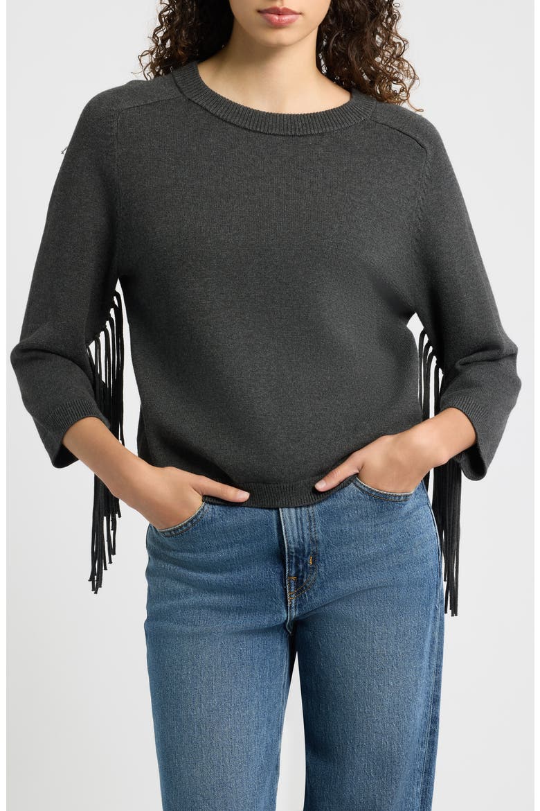 Fringe Sleeve Crewneck Sweater, Main, color, MELANGE DARK GREY
