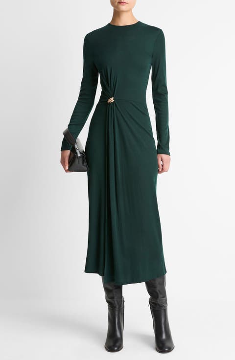 Wool Blend Drape Midi Dress