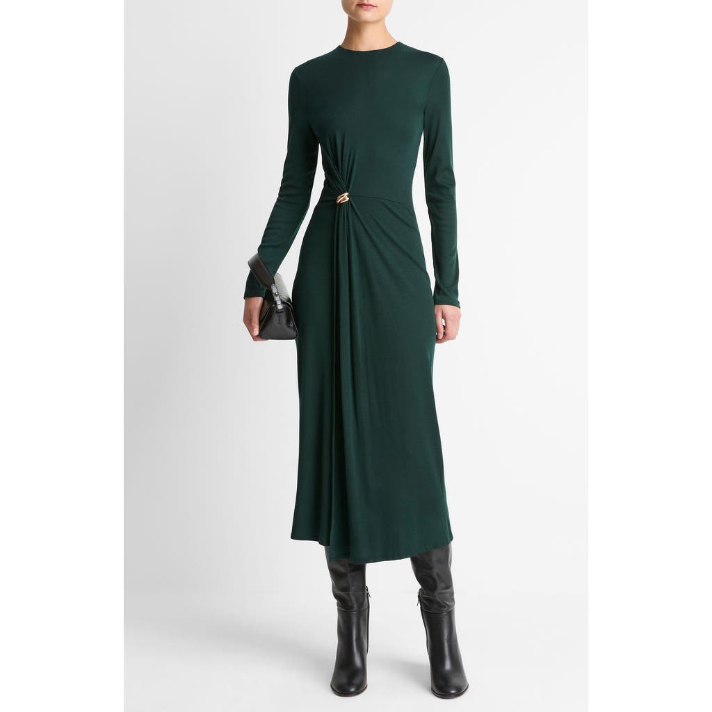 Vince Wool Blend Drape Midi Dress In Green