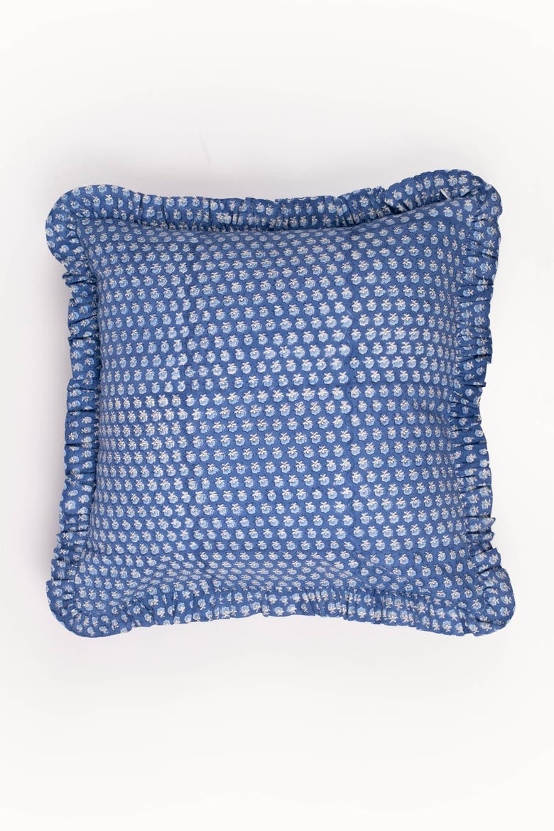 Parijat Ruffle Blockprint Pillow Cover, Main, color, Blue