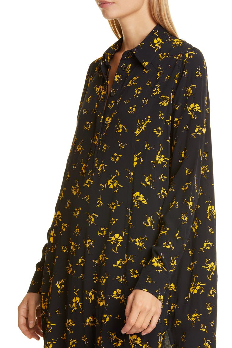 Floral Print Crepe Long Sleeve Midi Dress, Alternate, color, BLACK
