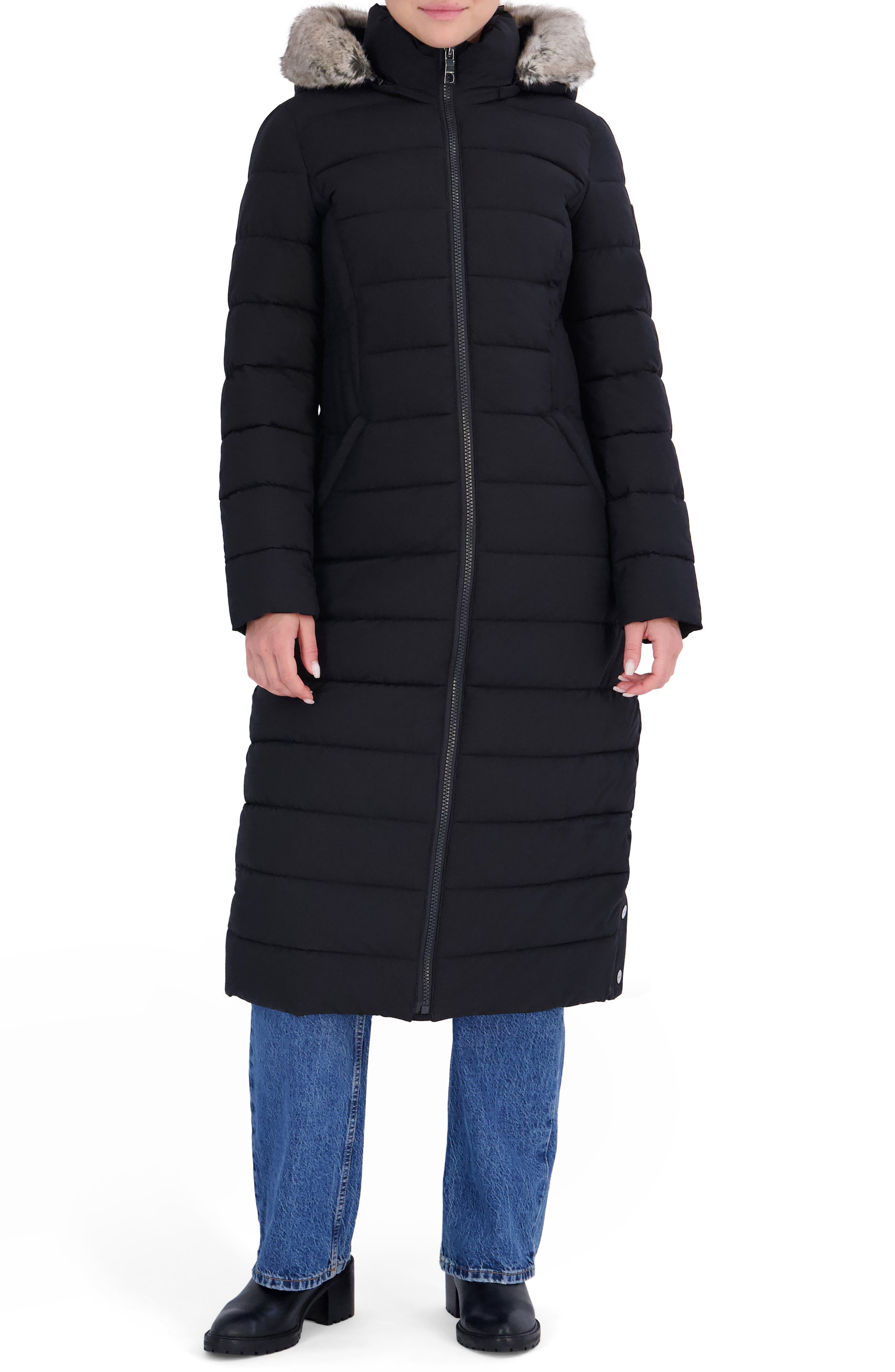 Water Resistant Faux Fur Trim Longline Puffer Coat