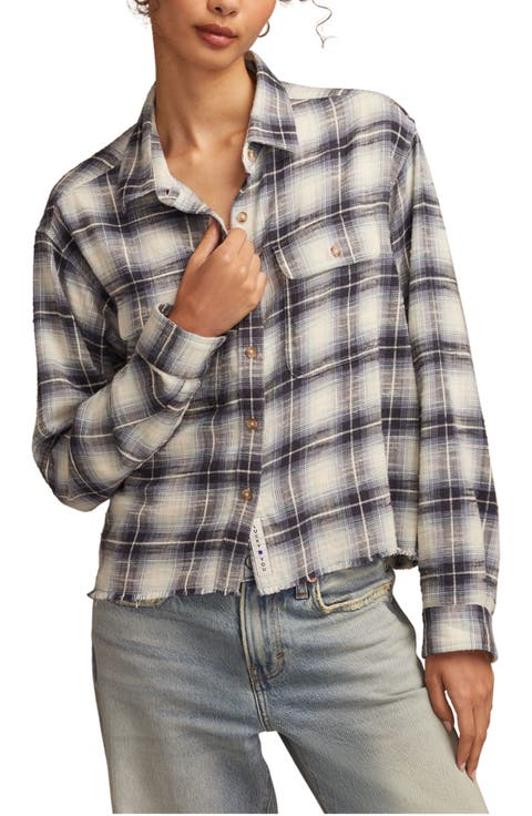 Plaid Cotton Cropped Raw Hem Button-Up Shirt