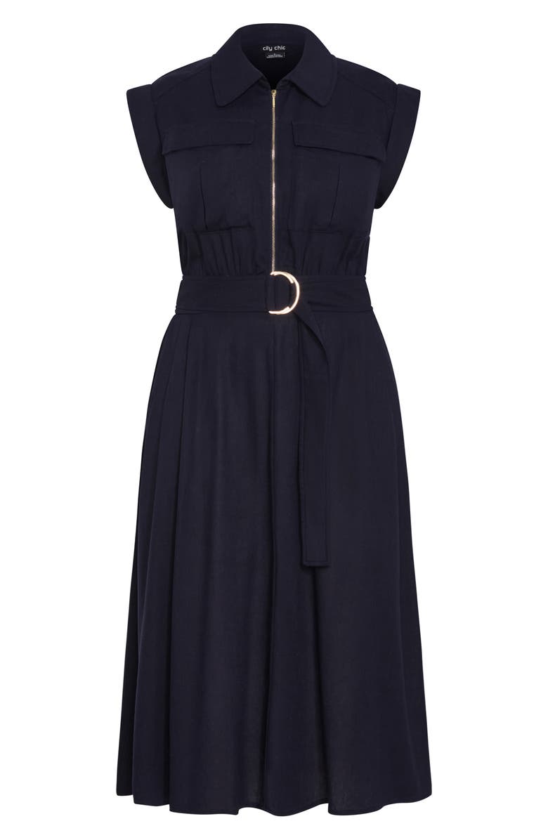 City Chic Cap Sleeve Utility Zip Midi Shirtdress, Alternate, color, Navy