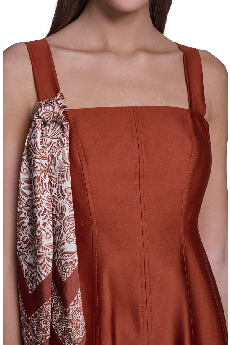 Fit and Flare Midi Dress with Scarf, Alternate, color, COGNAC
